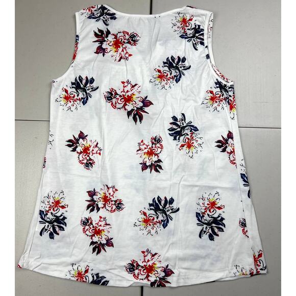 Women's Medium White Floral Sleeveless Blouse Flowy Tank Flare V Neck Button Top - Picture 6 of 6
